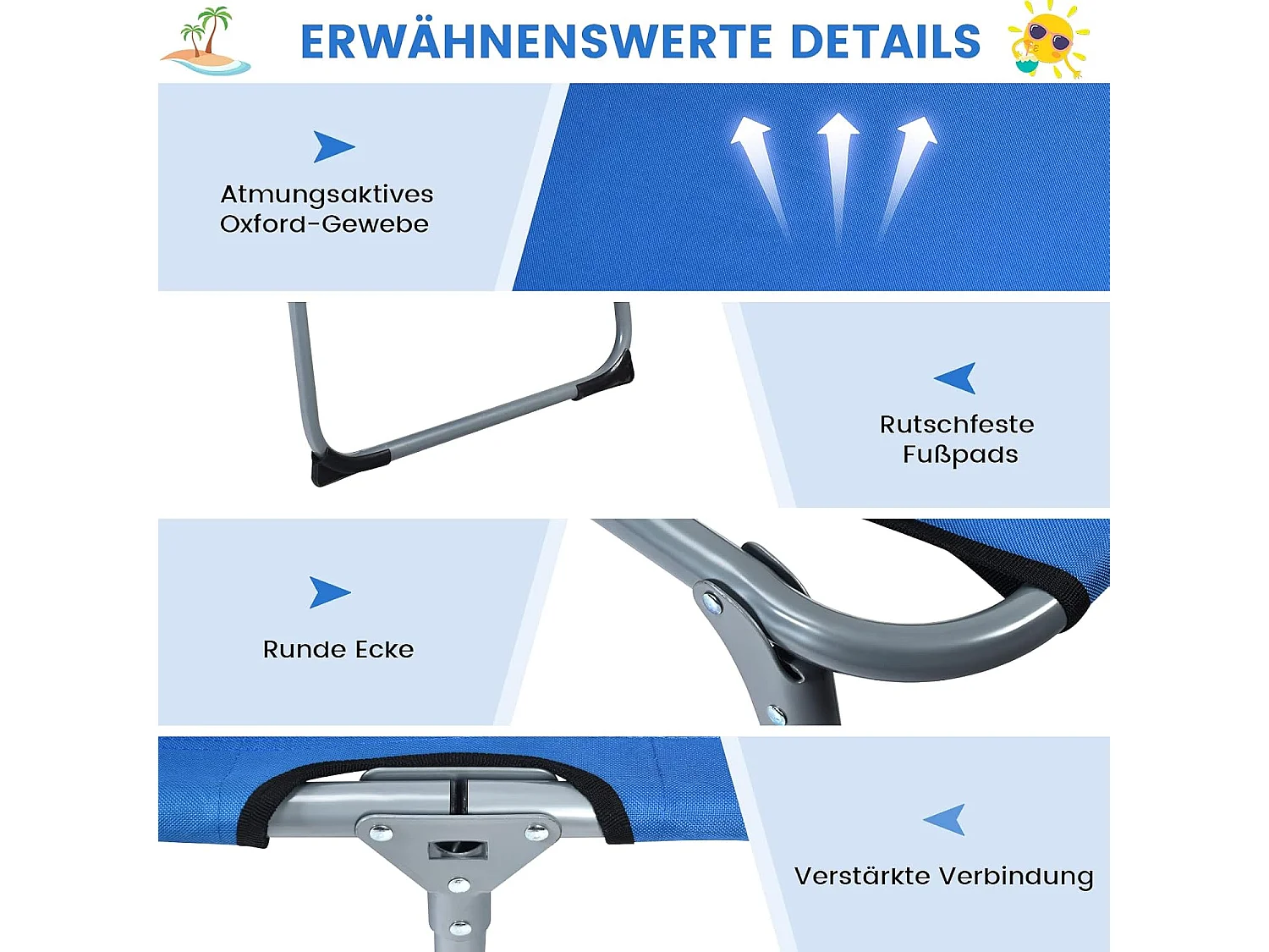 Zonneligstoel met gezichtsopening, inklapbare ligstoel met verstelbare rugleuning en hoofdsteun, strandstoel, ligstoel voor tuin, strand,AB92783 (blauw)