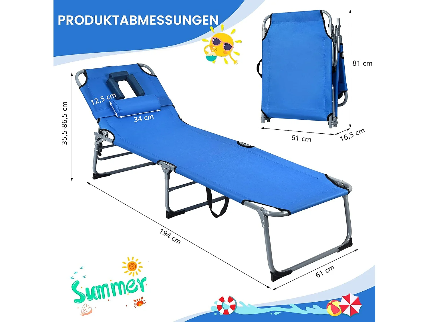 Zonneligstoel met gezichtsopening, inklapbare ligstoel met verstelbare rugleuning en hoofdsteun, strandstoel, ligstoel voor tuin, strand,AB92783 (blauw)