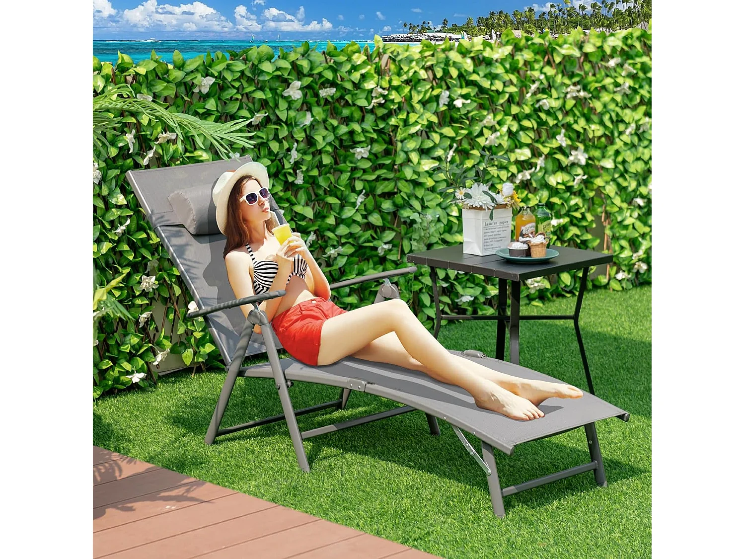 Inklapbare ligstoel, ligstoel met hoofdsteun, 7 verstelbare rugleuningen, klapbed, draagbare ligstoel voor tuin, achtertuin, balkon (grijs)ZB33350