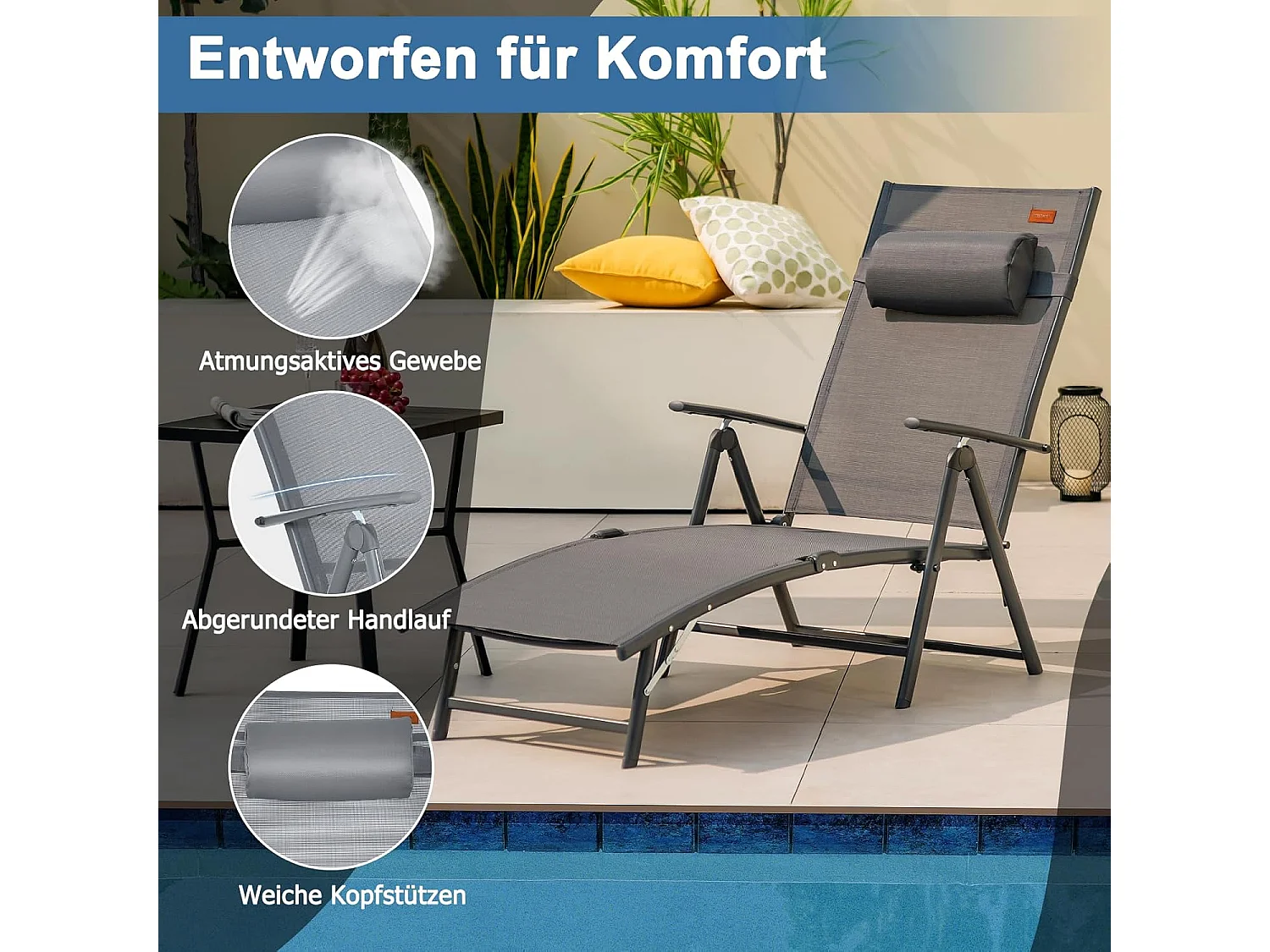 Inklapbare ligstoel, ligstoel met hoofdsteun, 7 verstelbare rugleuningen, klapbed, draagbare ligstoel voor tuin, achtertuin, balkon (grijs)ZB33350