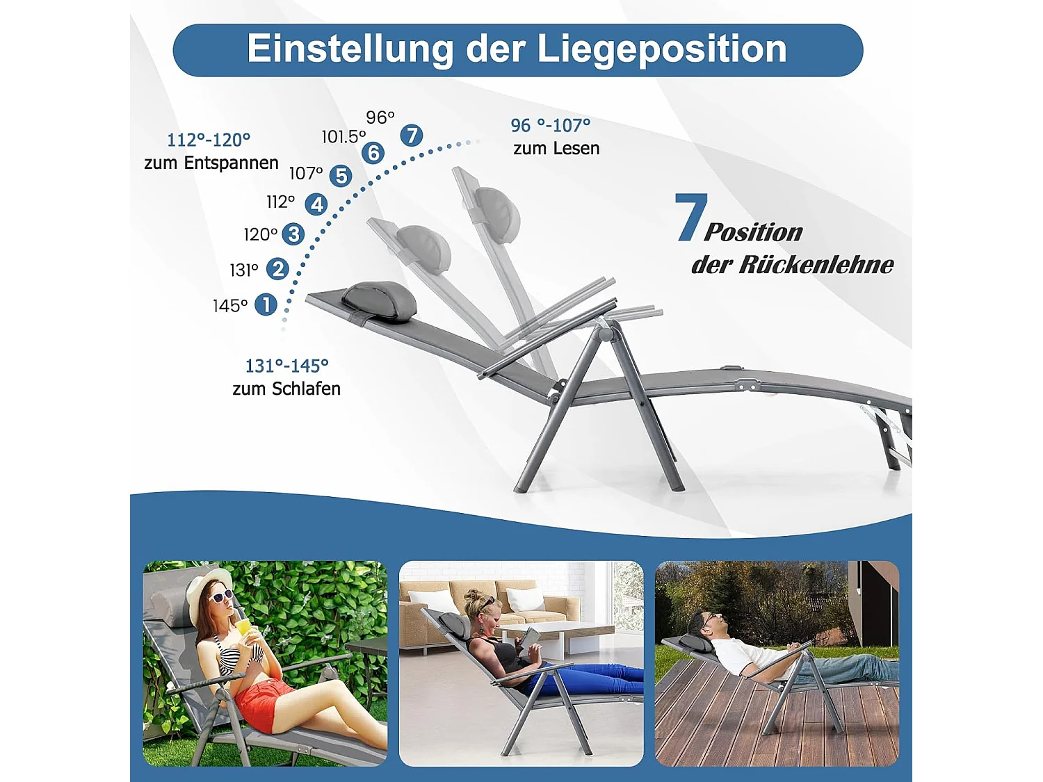 Inklapbare ligstoel, ligstoel met hoofdsteun, 7 verstelbare rugleuningen, klapbed, draagbare ligstoel voor tuin, achtertuin, balkon (grijs)ZB33350