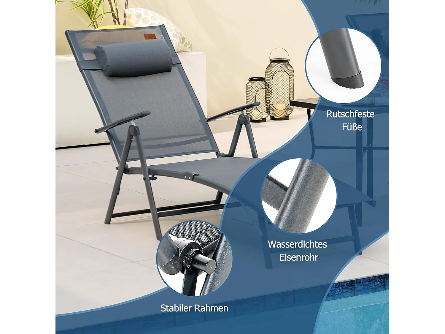 Inklapbare ligstoel, ligstoel met hoofdsteun, 7 verstelbare rugleuningen, klapbed, draagbare ligstoel voor tuin, achtertuin, balkon (grijs)ZB33350