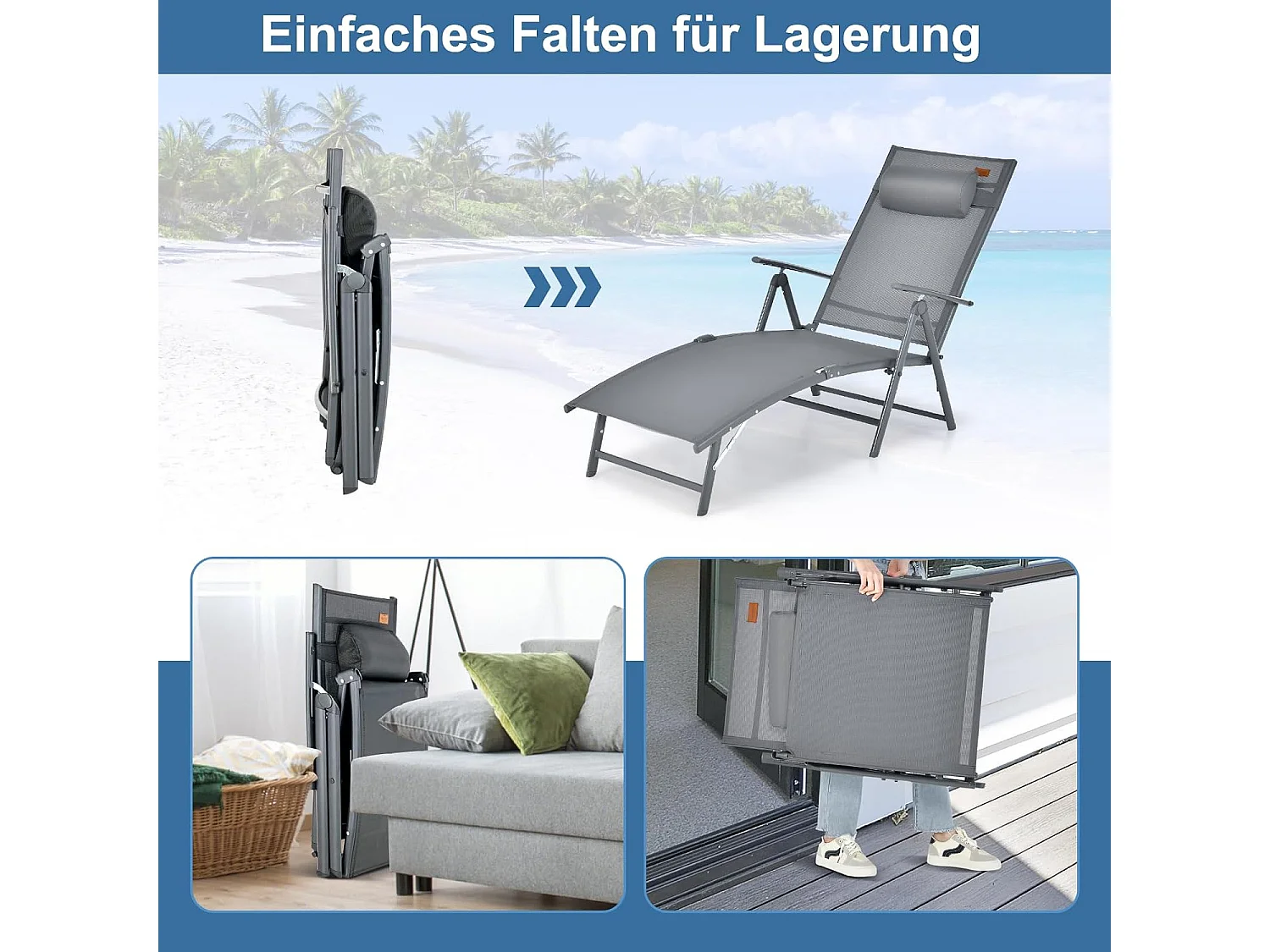 Inklapbare ligstoel, ligstoel met hoofdsteun, 7 verstelbare rugleuningen, klapbed, draagbare ligstoel voor tuin, achtertuin, balkon (grijs)ZB33350