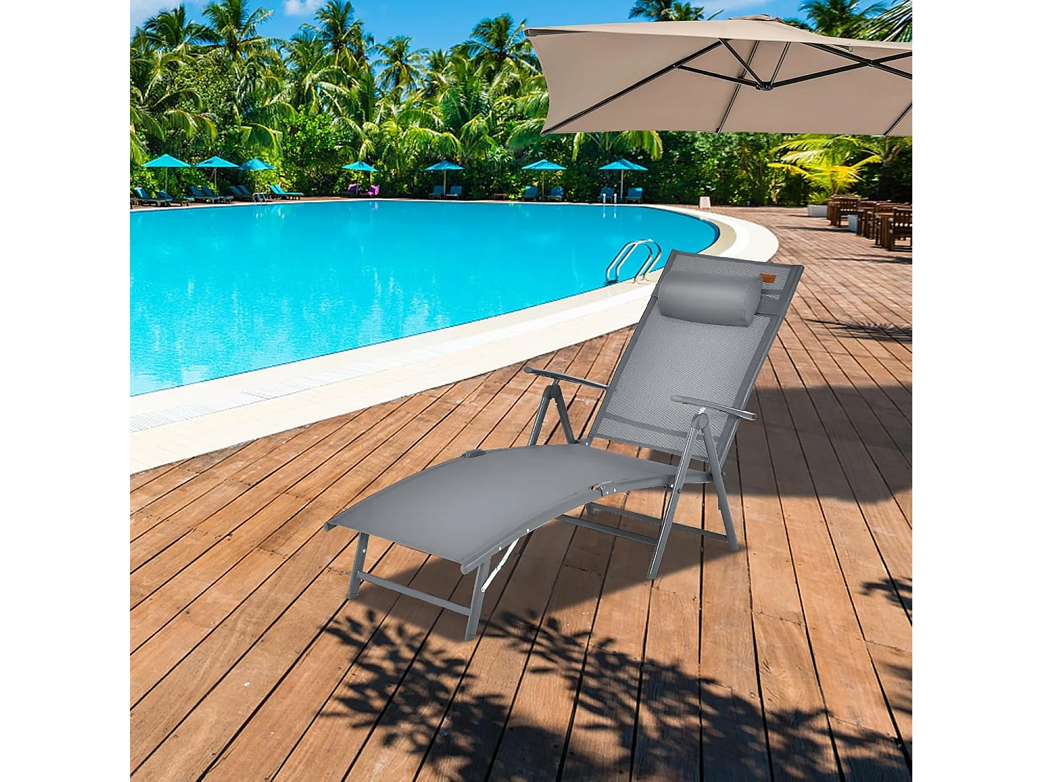 Inklapbare ligstoel, ligstoel met hoofdsteun, 7 verstelbare rugleuningen, klapbed, draagbare ligstoel voor tuin, achtertuin, balkon (grijs)ZB33350