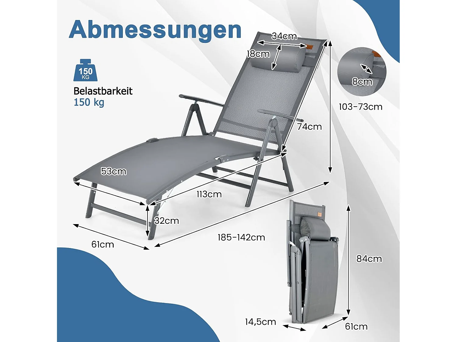 Inklapbare ligstoel, ligstoel met hoofdsteun, 7 verstelbare rugleuningen, klapbed, draagbare ligstoel voor tuin, achtertuin, balkon (grijs)ZB33350