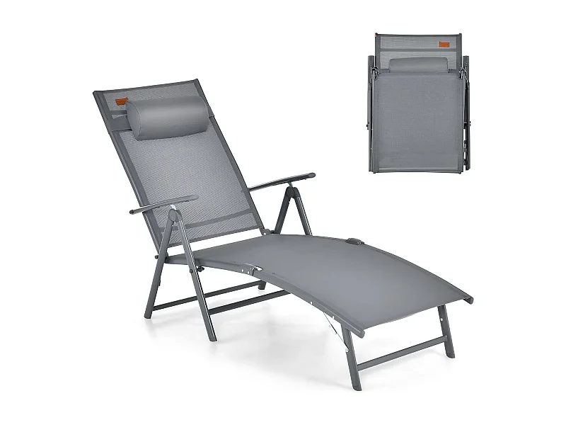 Inklapbare ligstoel, ligstoel met hoofdsteun, 7 verstelbare rugleuningen, klapbed, draagbare ligstoel voor tuin, achtertuin, balkon (grijs)ZB33350