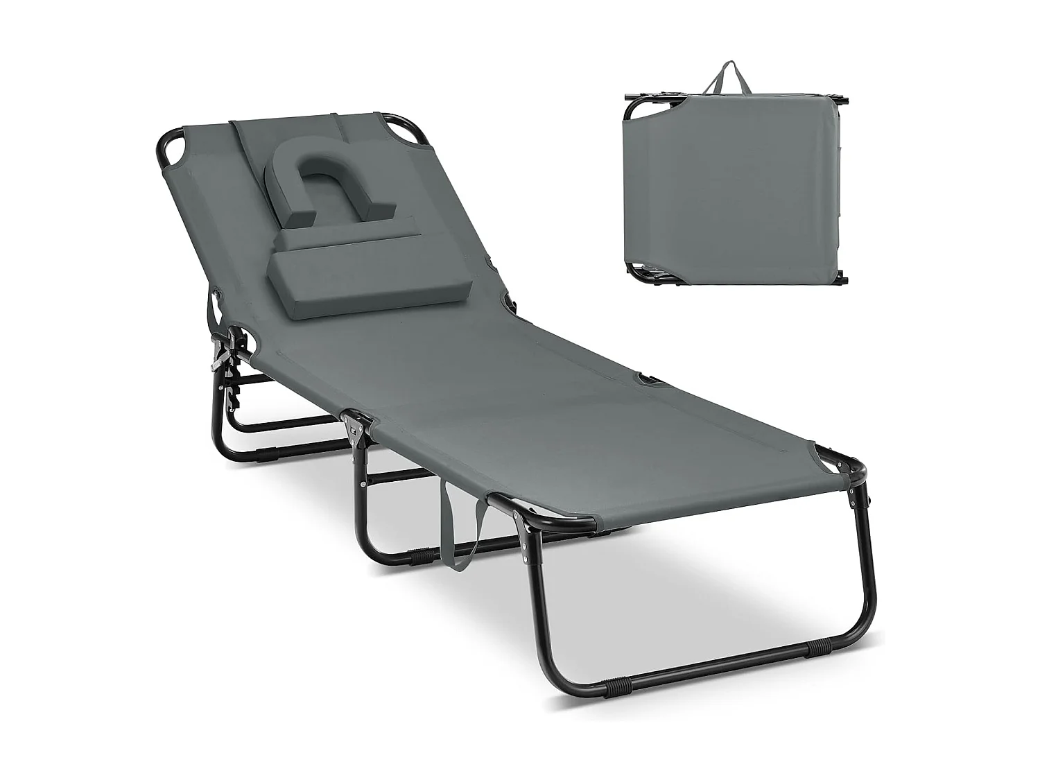 Zonneligstoel met gezichtsopening, inklapbare ligstoel met 3 afneembare kussens en 5-voudig verstelbare rugleuning, strandstoel, ligstoel grijsZB32169