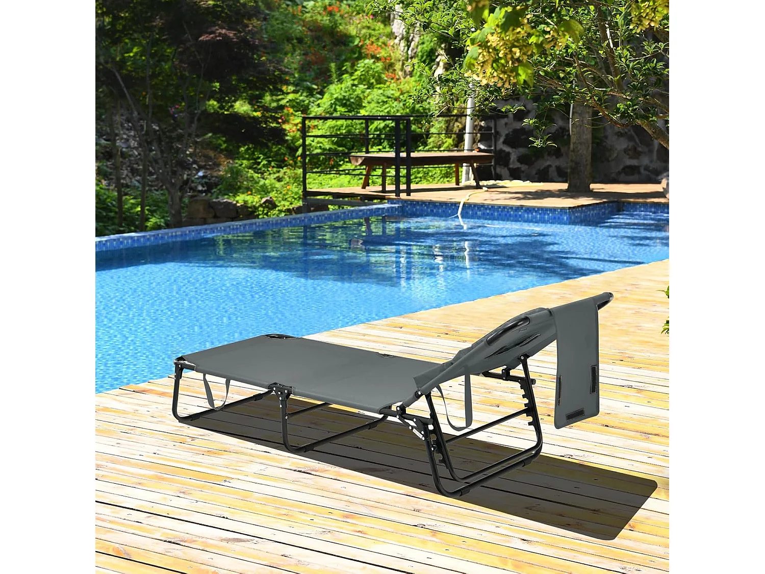 Zonneligstoel met gezichtsopening, inklapbare ligstoel met 3 afneembare kussens en 5-voudig verstelbare rugleuning, strandstoel, ligstoel grijsZB32169