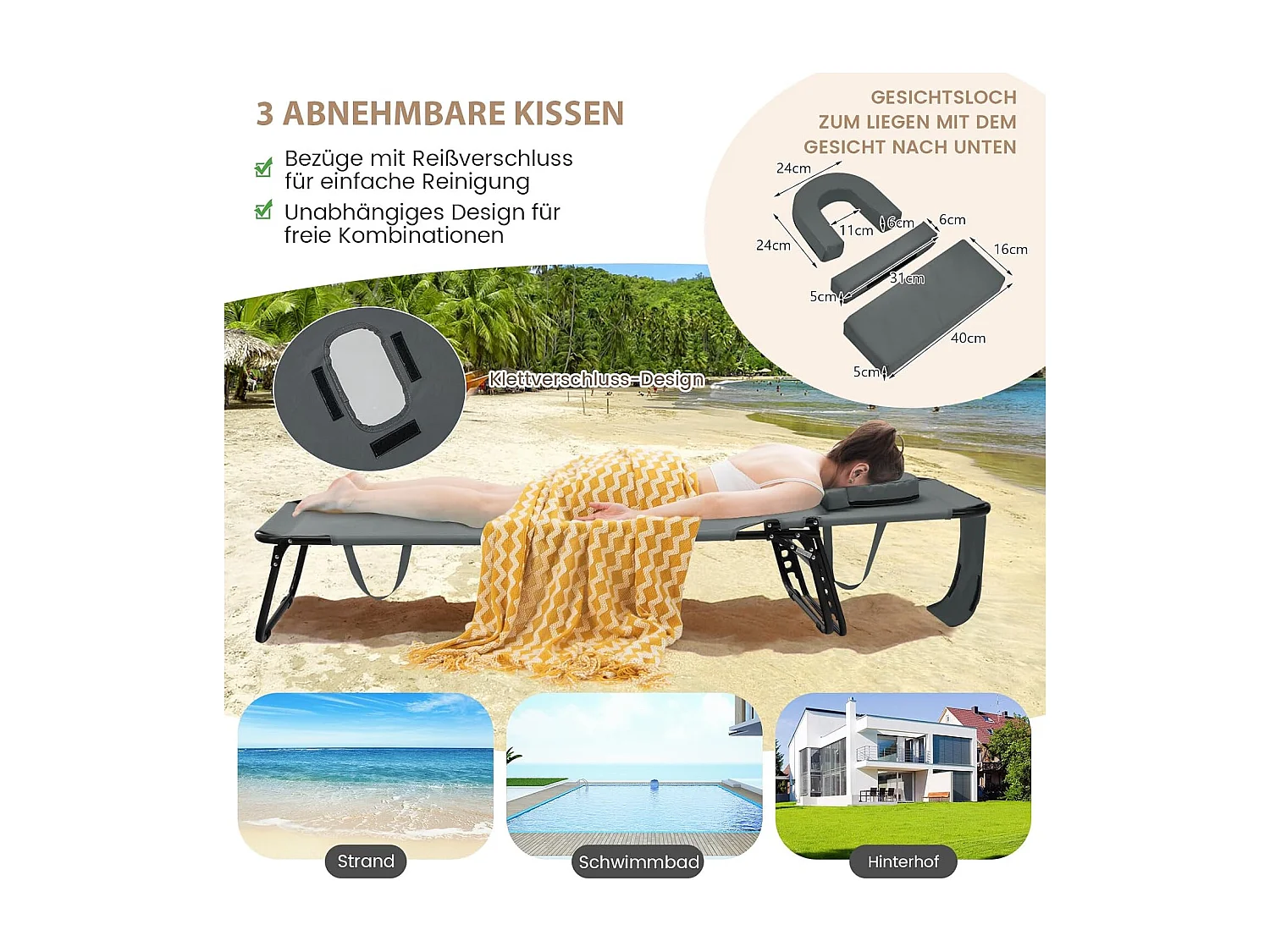 Zonneligstoel met gezichtsopening, inklapbare ligstoel met 3 afneembare kussens en 5-voudig verstelbare rugleuning, strandstoel, ligstoel grijsZB32169