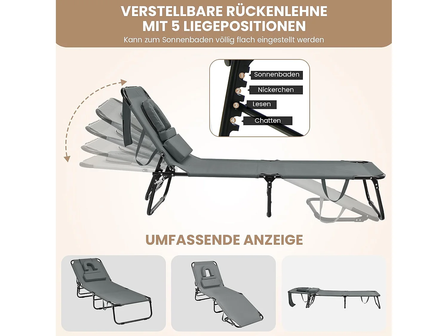 Zonneligstoel met gezichtsopening, inklapbare ligstoel met 3 afneembare kussens en 5-voudig verstelbare rugleuning, strandstoel, ligstoel grijsZB32169
