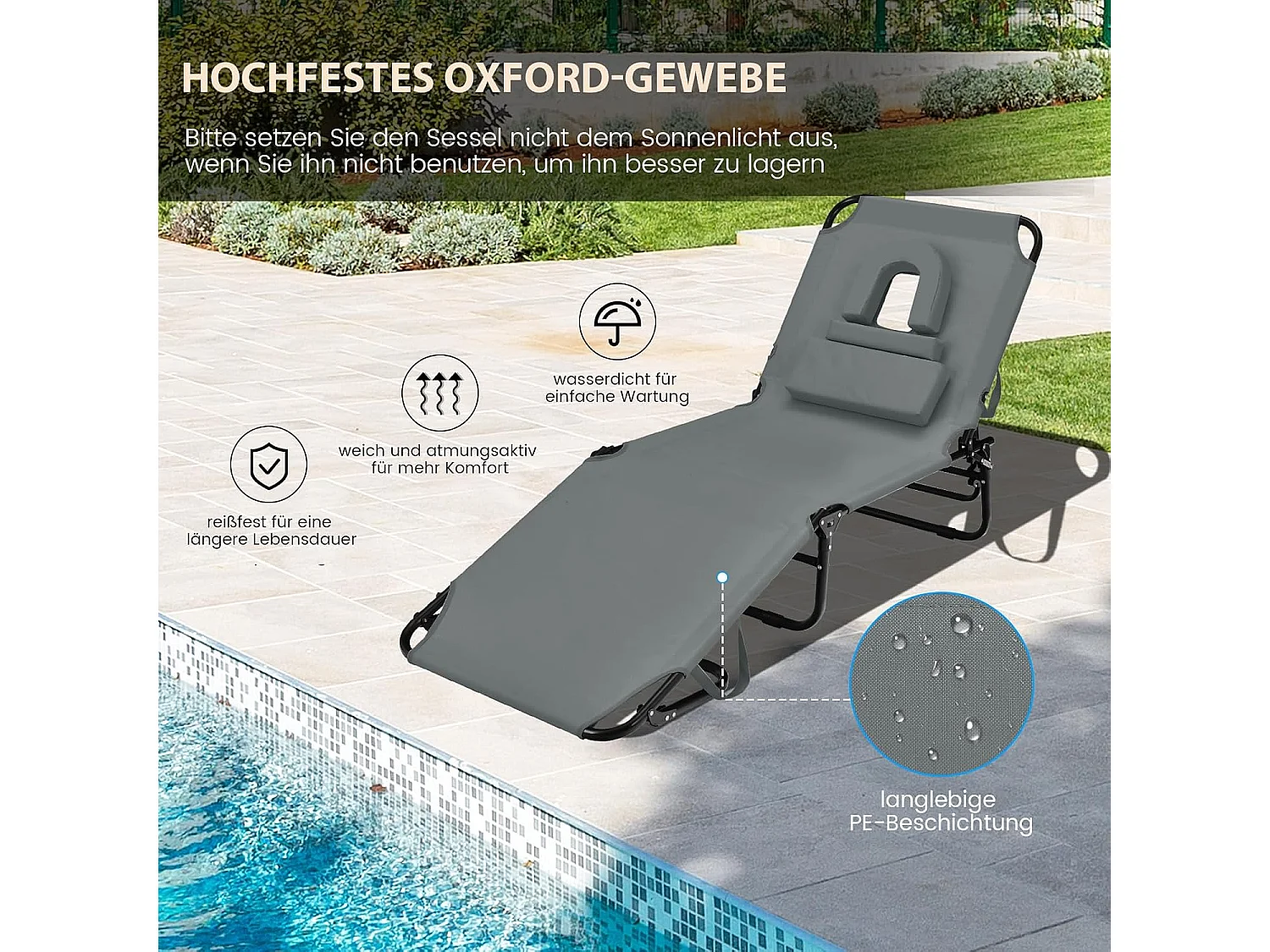 Zonneligstoel met gezichtsopening, inklapbare ligstoel met 3 afneembare kussens en 5-voudig verstelbare rugleuning, strandstoel, ligstoel grijsZB32169
