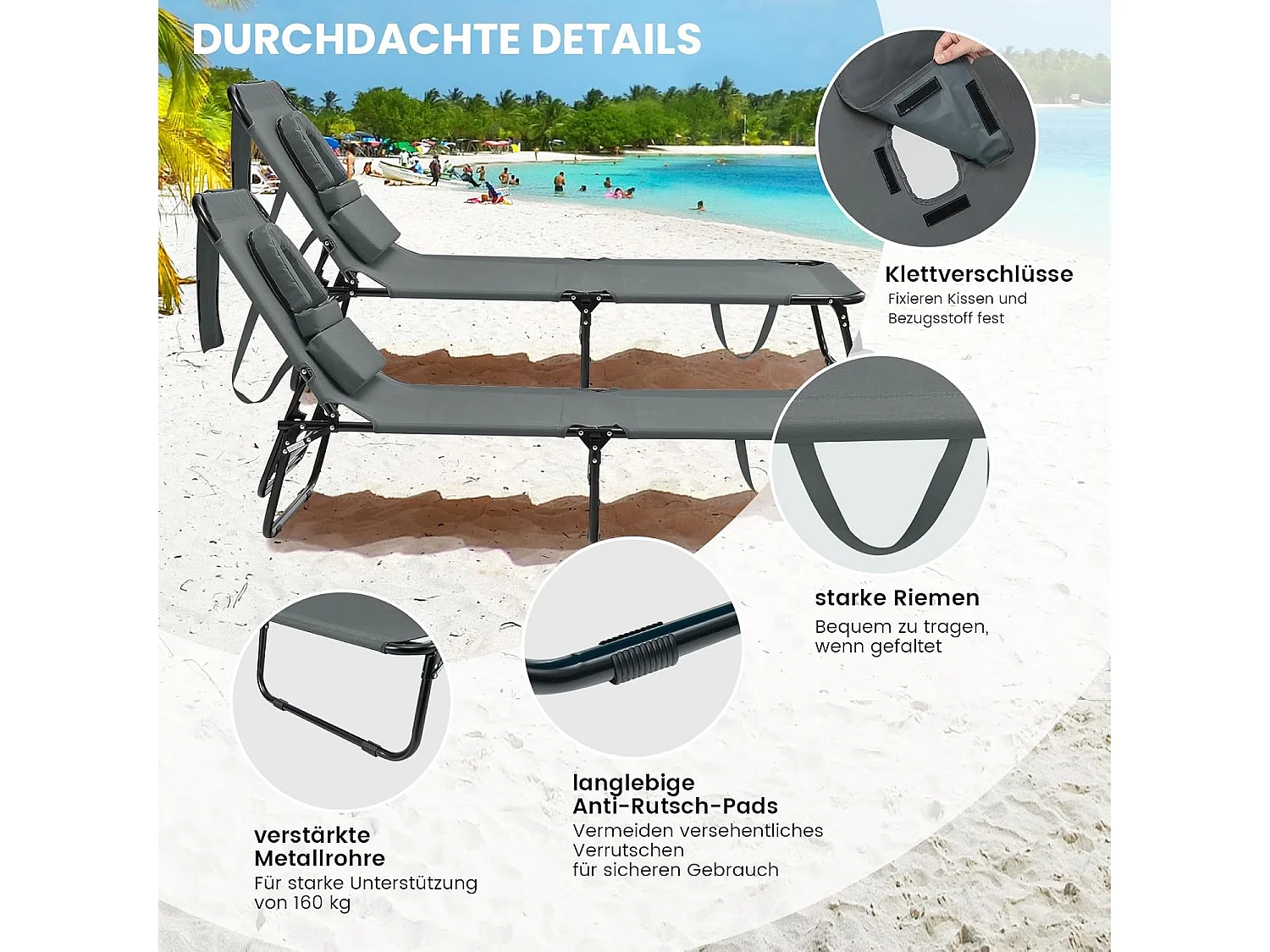 Zonneligstoel met gezichtsopening, inklapbare ligstoel met 3 afneembare kussens en 5-voudig verstelbare rugleuning, strandstoel, ligstoel grijsZB32169