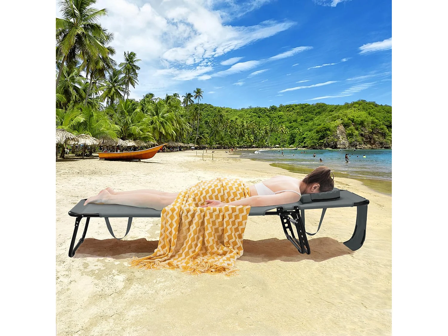 Zonneligstoel met gezichtsopening, inklapbare ligstoel met 3 afneembare kussens en 5-voudig verstelbare rugleuning, strandstoel, ligstoel grijsZB32169