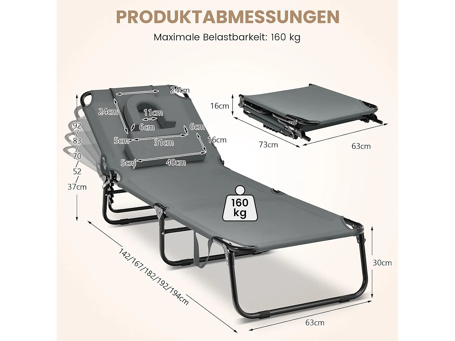 Zonneligstoel met gezichtsopening, inklapbare ligstoel met 3 afneembare kussens en 5-voudig verstelbare rugleuning, strandstoel, ligstoel grijsZB32169