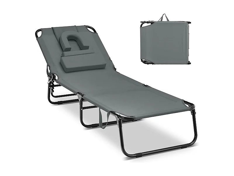 Zonneligstoel met gezichtsopening, inklapbare ligstoel met 3 afneembare kussens en 5-voudig verstelbare rugleuning, strandstoel, ligstoel grijsZB32169