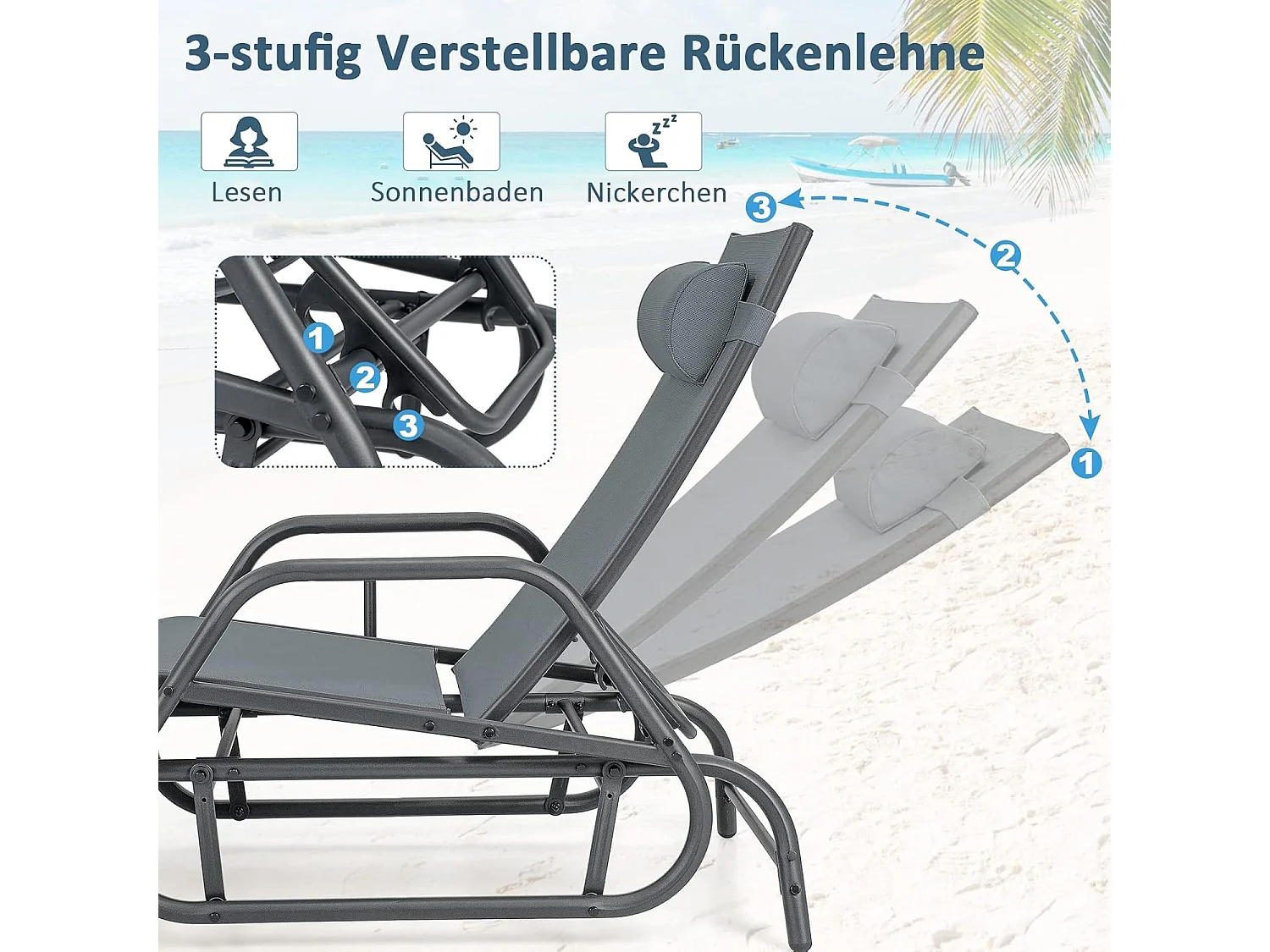 Zonneligstoel met schommelfunctie, ligstoel met verstelbare rugleuning, ligstoel met hoofdkussen, ademende stof, relaxstoel, terrasligstoel(grijs)ZB33253