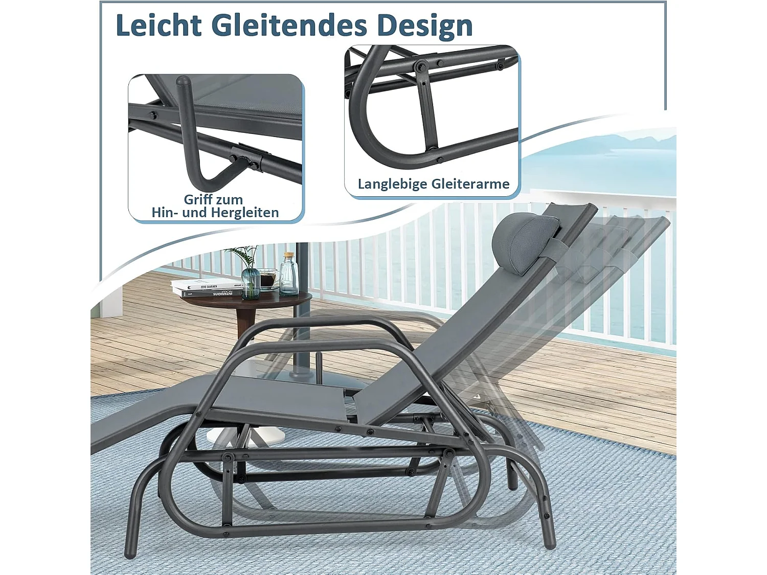 Zonneligstoel met schommelfunctie, ligstoel met verstelbare rugleuning, ligstoel met hoofdkussen, ademende stof, relaxstoel, terrasligstoel(grijs)ZB33253