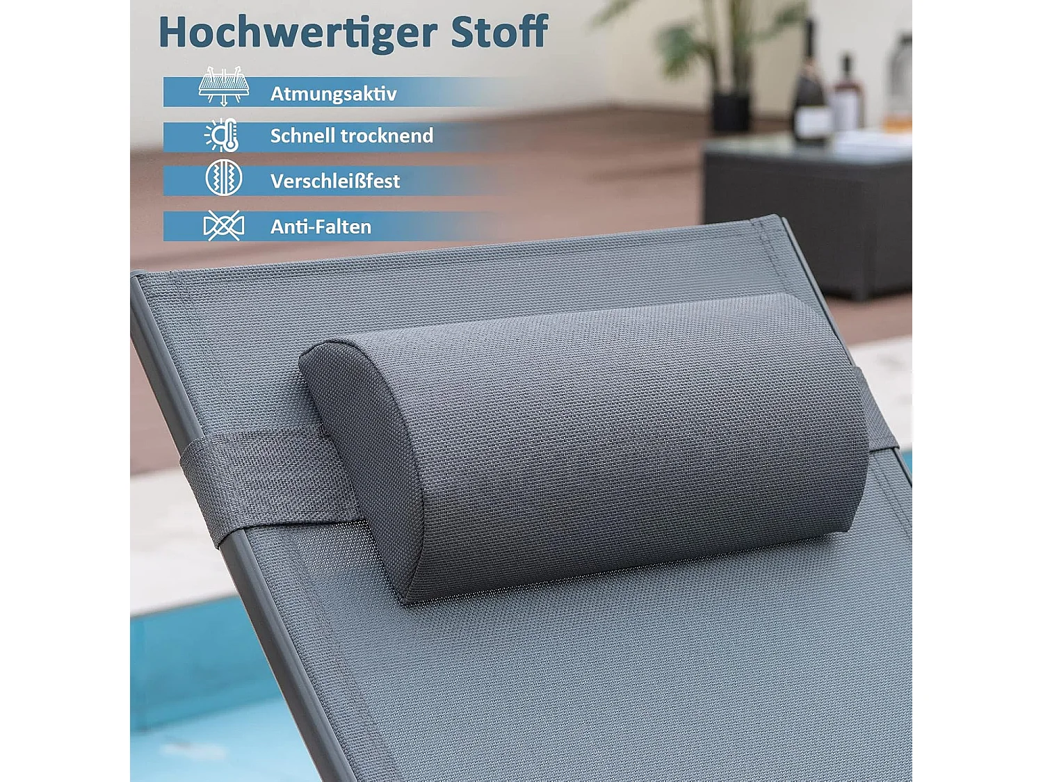 Zonneligstoel met schommelfunctie, ligstoel met verstelbare rugleuning, ligstoel met hoofdkussen, ademende stof, relaxstoel, terrasligstoel(grijs)ZB33253