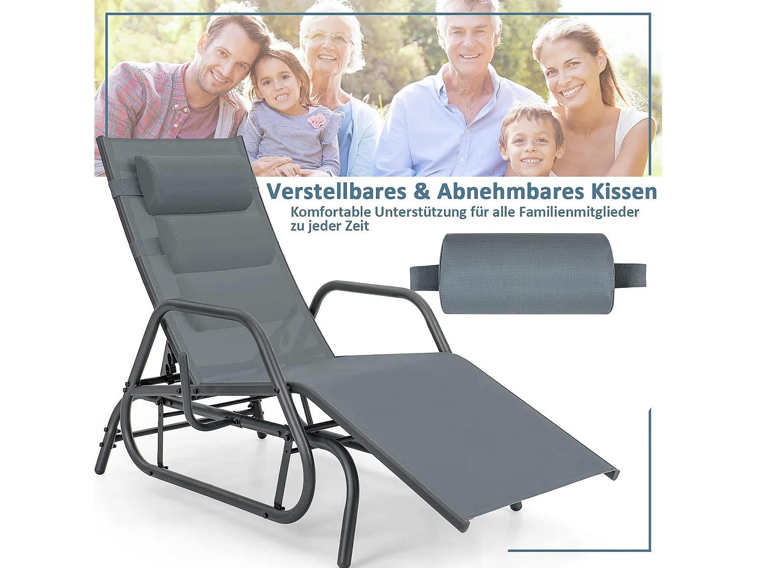 Zonneligstoel met schommelfunctie, ligstoel met verstelbare rugleuning, ligstoel met hoofdkussen, ademende stof, relaxstoel, terrasligstoel(grijs)ZB33253