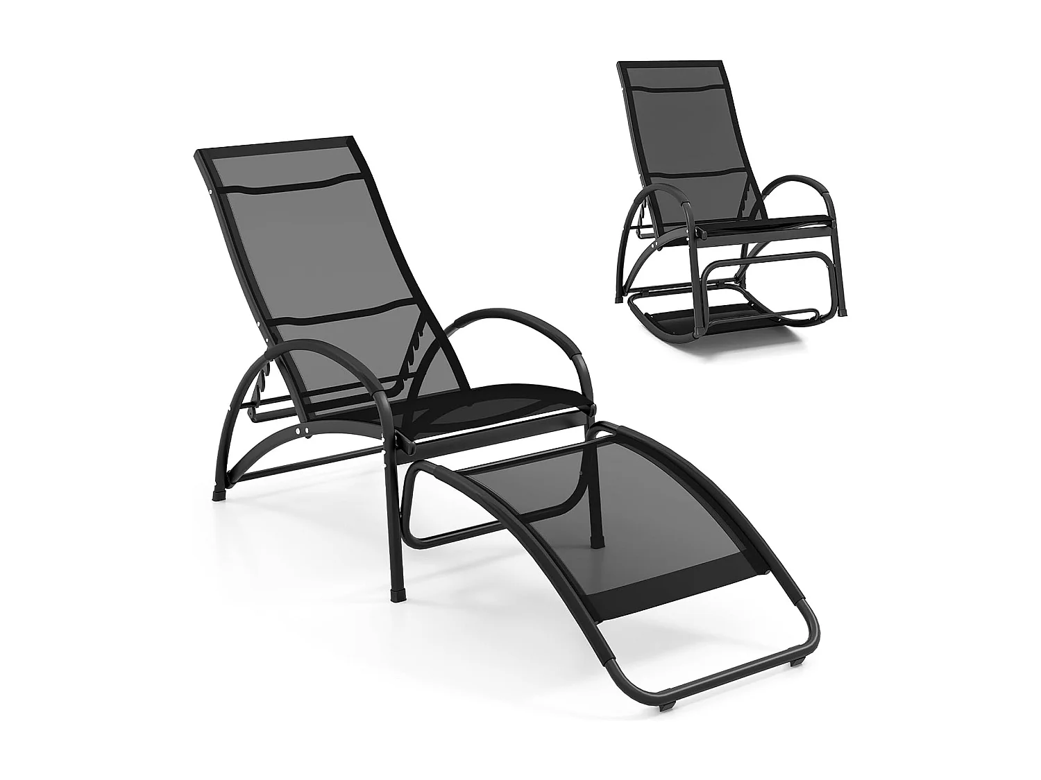 2-in-1 zonnestoel, converteerbare schommelstoel met verstelbare rugleuning en gebogen armleuningen, ligstoel voor terras, tuin, zwembad (zwart)ZB33837