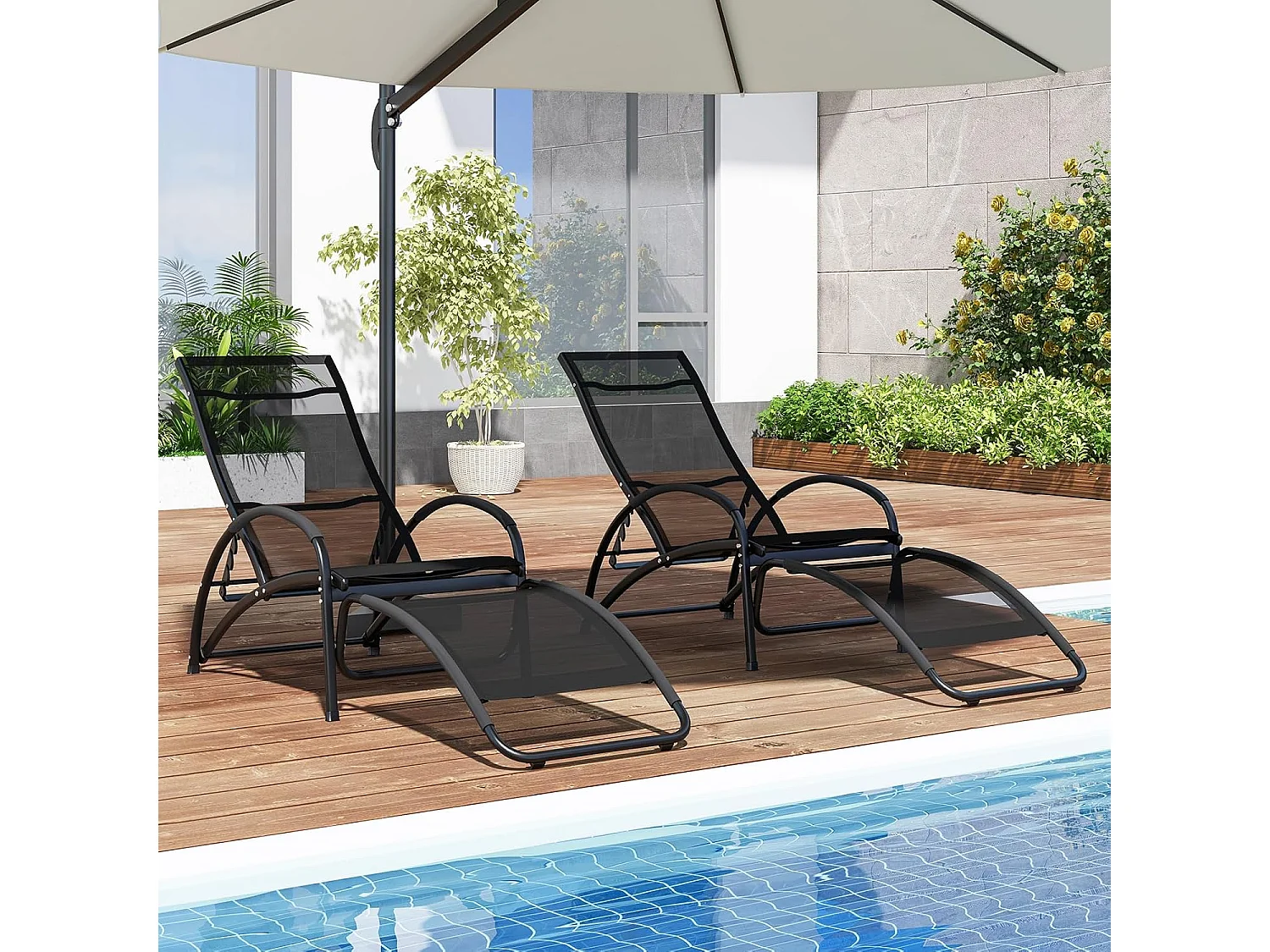 2-in-1 zonnestoel, converteerbare schommelstoel met verstelbare rugleuning en gebogen armleuningen, ligstoel voor terras, tuin, zwembad (zwart)ZB33837