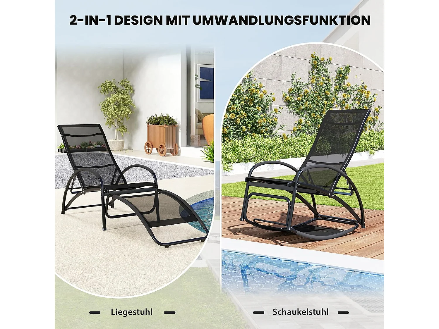 2-in-1 zonnestoel, converteerbare schommelstoel met verstelbare rugleuning en gebogen armleuningen, ligstoel voor terras, tuin, zwembad (zwart)ZB33837