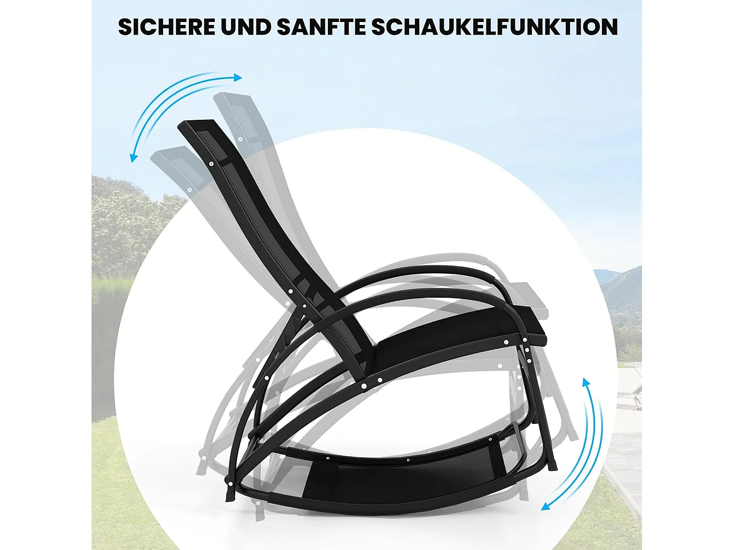 2-in-1 zonnestoel, converteerbare schommelstoel met verstelbare rugleuning en gebogen armleuningen, ligstoel voor terras, tuin, zwembad (zwart)ZB33837