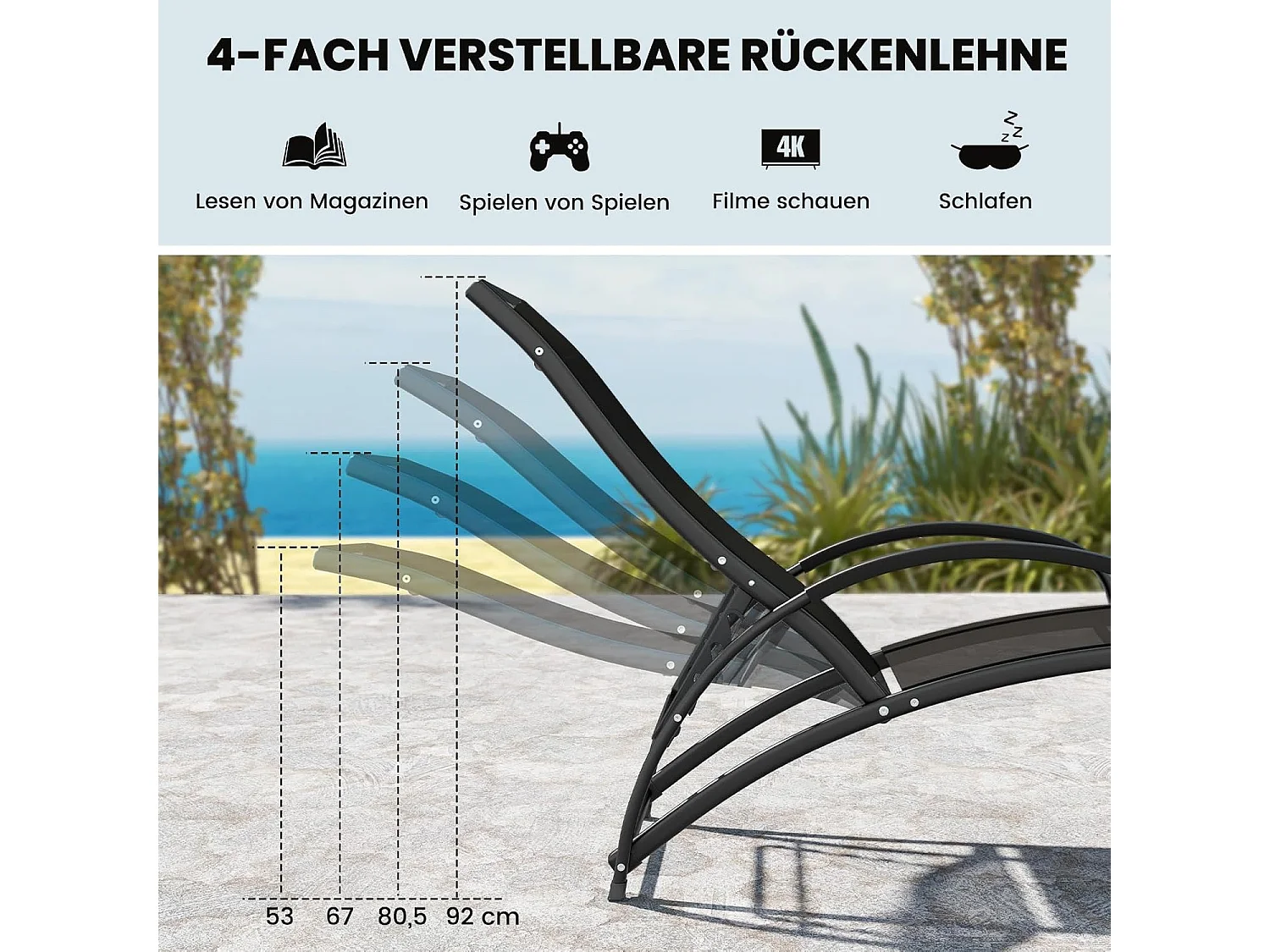 2-in-1 zonnestoel, converteerbare schommelstoel met verstelbare rugleuning en gebogen armleuningen, ligstoel voor terras, tuin, zwembad (zwart)ZB33837