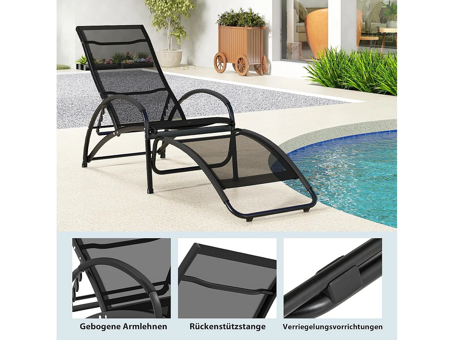 2-in-1 zonnestoel, converteerbare schommelstoel met verstelbare rugleuning en gebogen armleuningen, ligstoel voor terras, tuin, zwembad (zwart)ZB33837