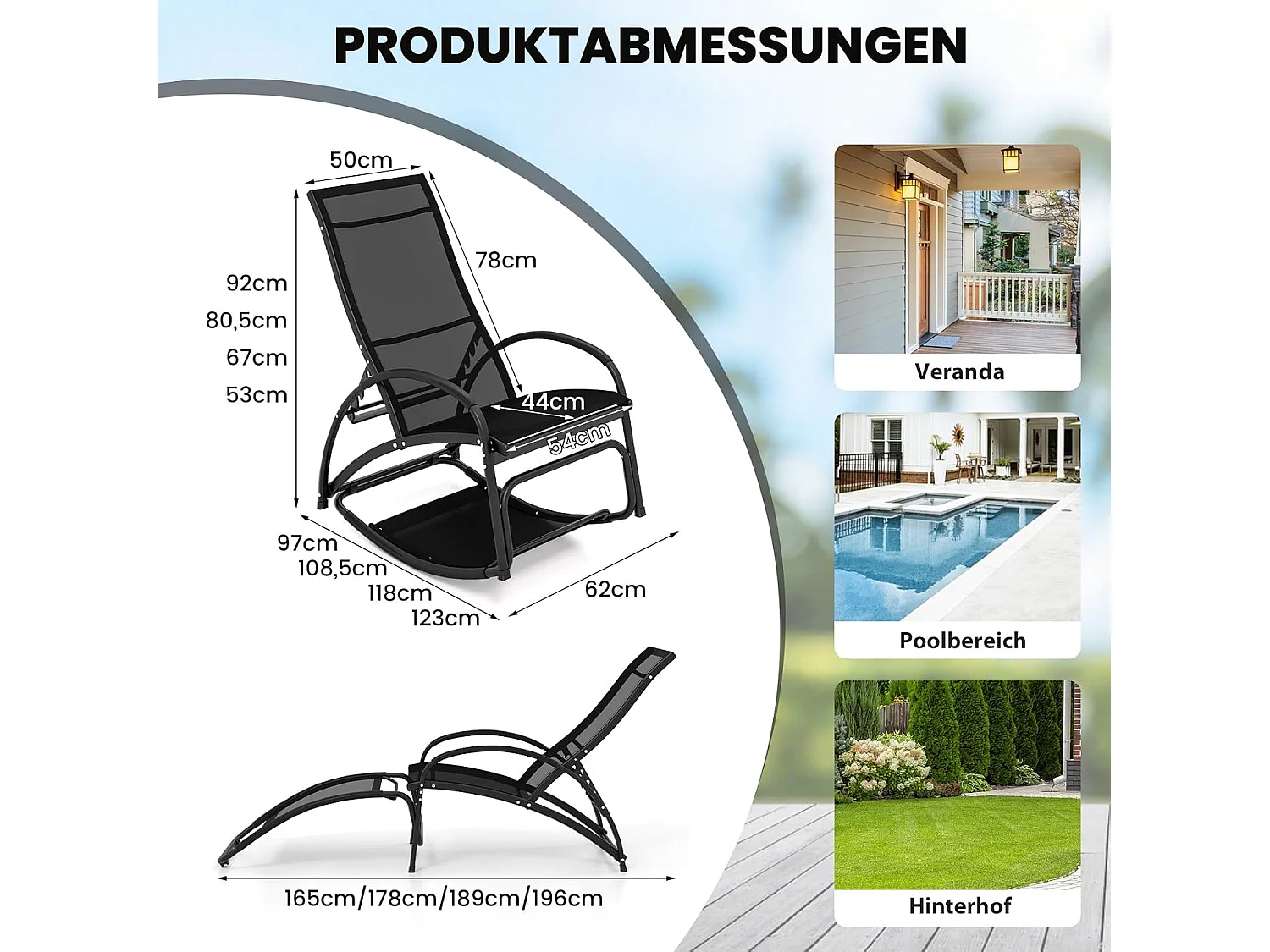 2-in-1 zonnestoel, converteerbare schommelstoel met verstelbare rugleuning en gebogen armleuningen, ligstoel voor terras, tuin, zwembad (zwart)ZB33837