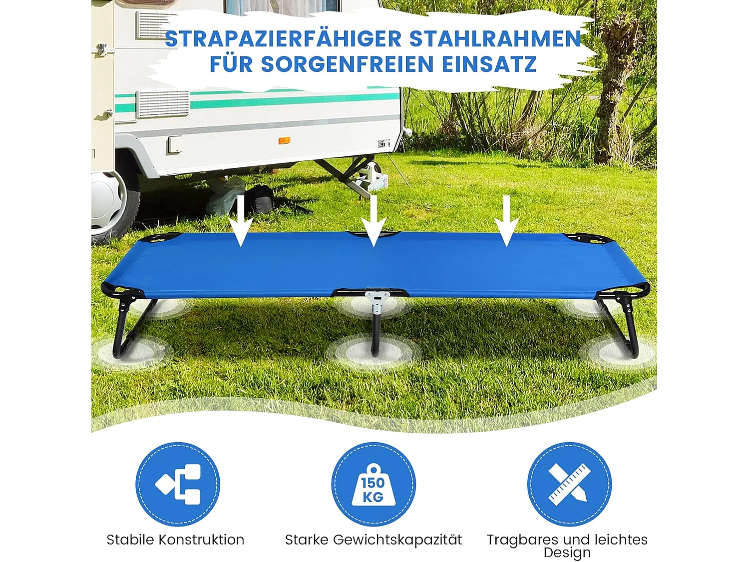 Veldbed, campingbed, opvouwbaar, ligbed, ligbed, eenpersoonsbed, voor camping, reizen, tuin, 191 x 56 x 31 cm (blauw)AB92780