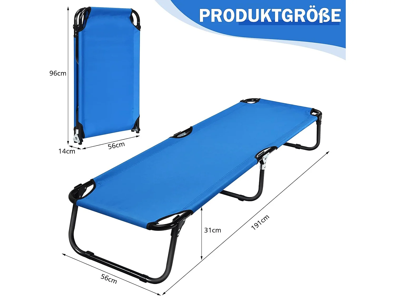 Veldbed, campingbed, opvouwbaar, ligbed, ligbed, eenpersoonsbed, voor camping, reizen, tuin, 191 x 56 x 31 cm (blauw)AB92780