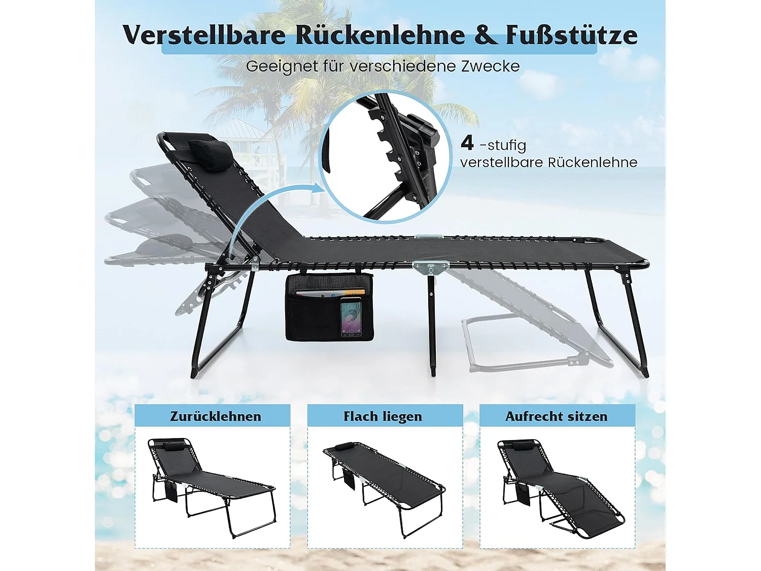 Zonneligstoel met hoofdsteun en zijzak, hoge zithoogte, 69 cm breed, inklapbare ligstoel met verstelbare rugleuning, strandstoel, ligstoel voor tuin (zwart)ZB33922