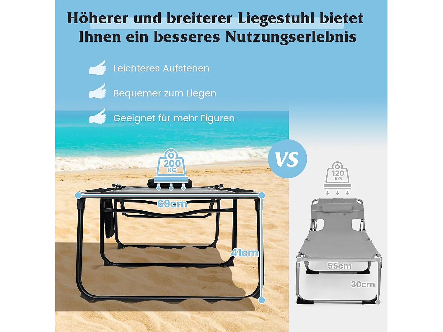 Zonneligstoel met hoofdsteun en zijzak, hoge zithoogte, 69 cm breed, inklapbare ligstoel met verstelbare rugleuning, strandstoel, ligstoel voor tuin (zwart)ZB33922