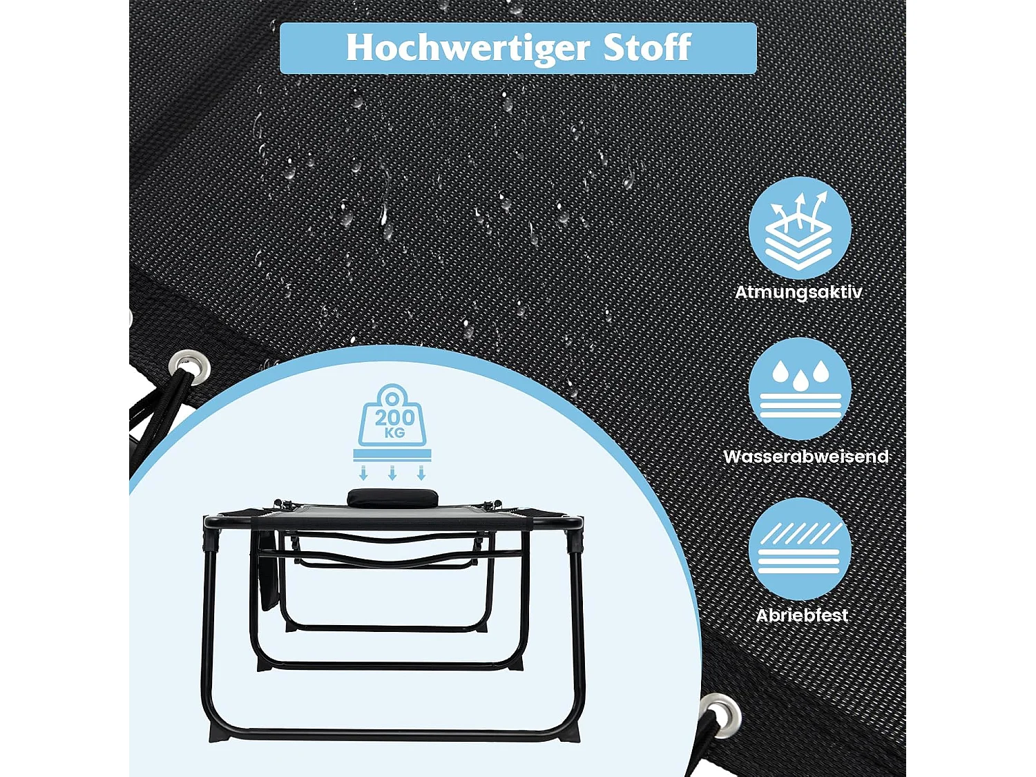 Zonneligstoel met hoofdsteun en zijzak, hoge zithoogte, 69 cm breed, inklapbare ligstoel met verstelbare rugleuning, strandstoel, ligstoel voor tuin (zwart)ZB33922