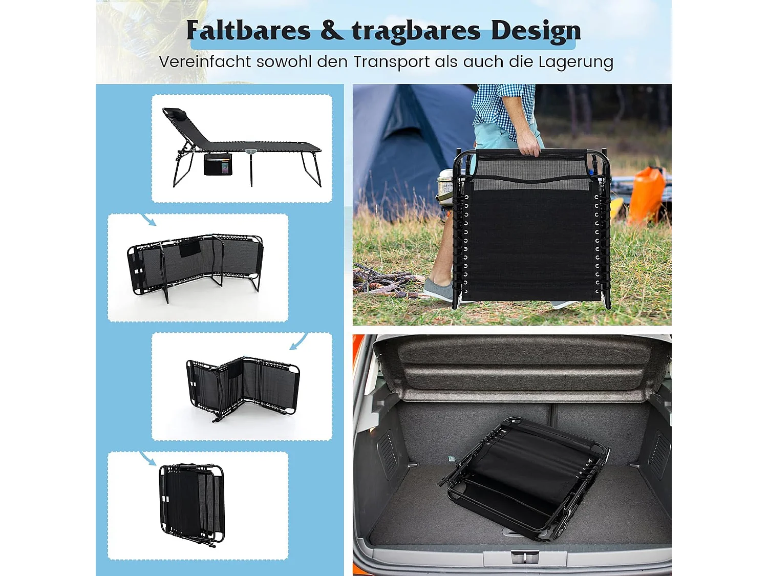 Zonneligstoel met hoofdsteun en zijzak, hoge zithoogte, 69 cm breed, inklapbare ligstoel met verstelbare rugleuning, strandstoel, ligstoel voor tuin (zwart)ZB33922
