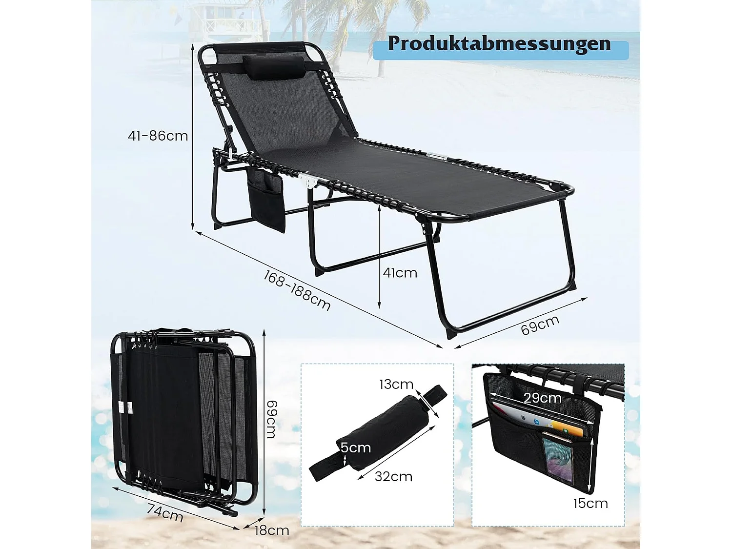 Zonneligstoel met hoofdsteun en zijzak, hoge zithoogte, 69 cm breed, inklapbare ligstoel met verstelbare rugleuning, strandstoel, ligstoel voor tuin (zwart)ZB33922