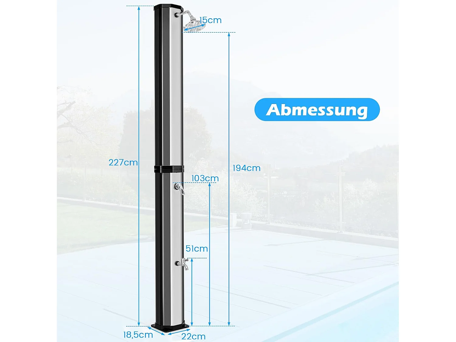 Zonnedouche 60 liter, tuindouche met beschermhoes, 227 cm, tot 60 °C, zwembaddouche, buitendouche voor tuin, zwembad, zwart + zilverZB34255