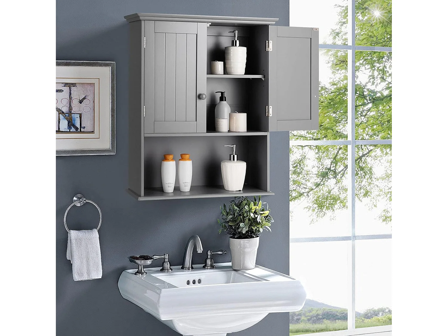 Wandkast medicijnkast, wandkast met dubbele deur, badkamerkast keukenkast onderkast met verstelbare plank, kast voor badkamer keuken entree (grijs)TI88801