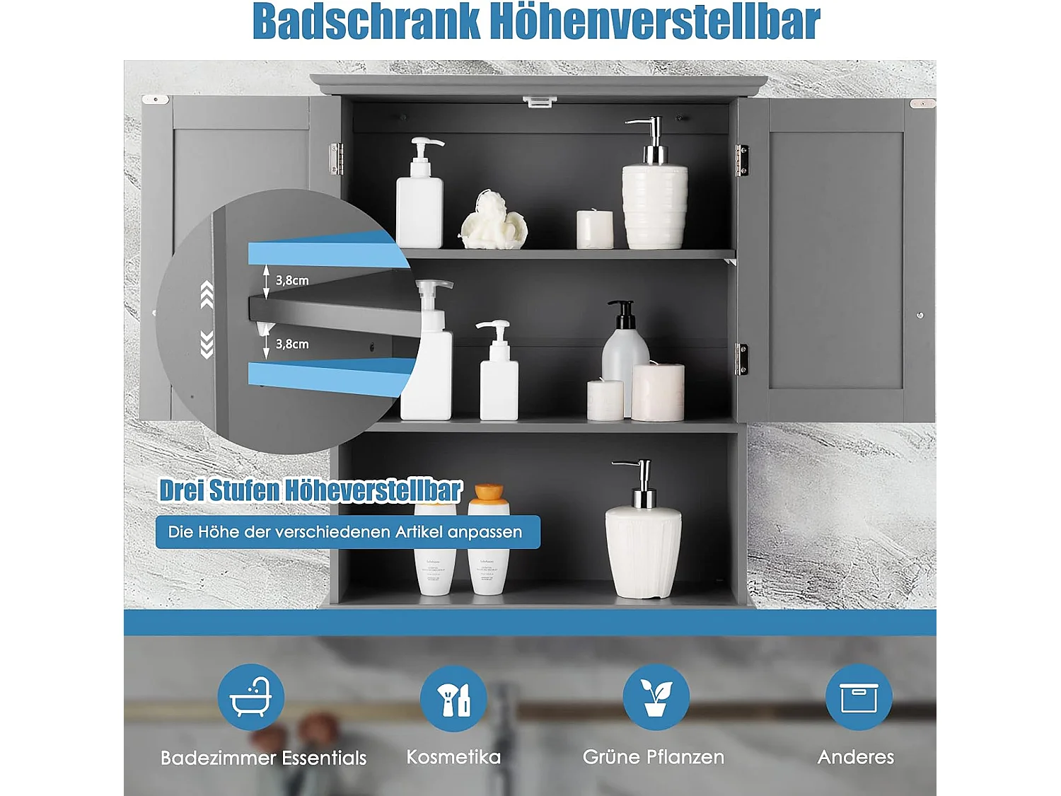 Wandkast medicijnkast, wandkast met dubbele deur, badkamerkast keukenkast onderkast met verstelbare plank, kast voor badkamer keuken entree (grijs)TI88801