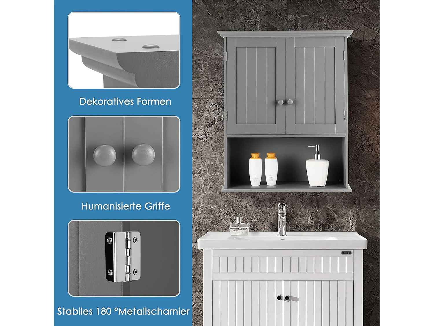 Wandkast medicijnkast, wandkast met dubbele deur, badkamerkast keukenkast onderkast met verstelbare plank, kast voor badkamer keuken entree (grijs)TI88801