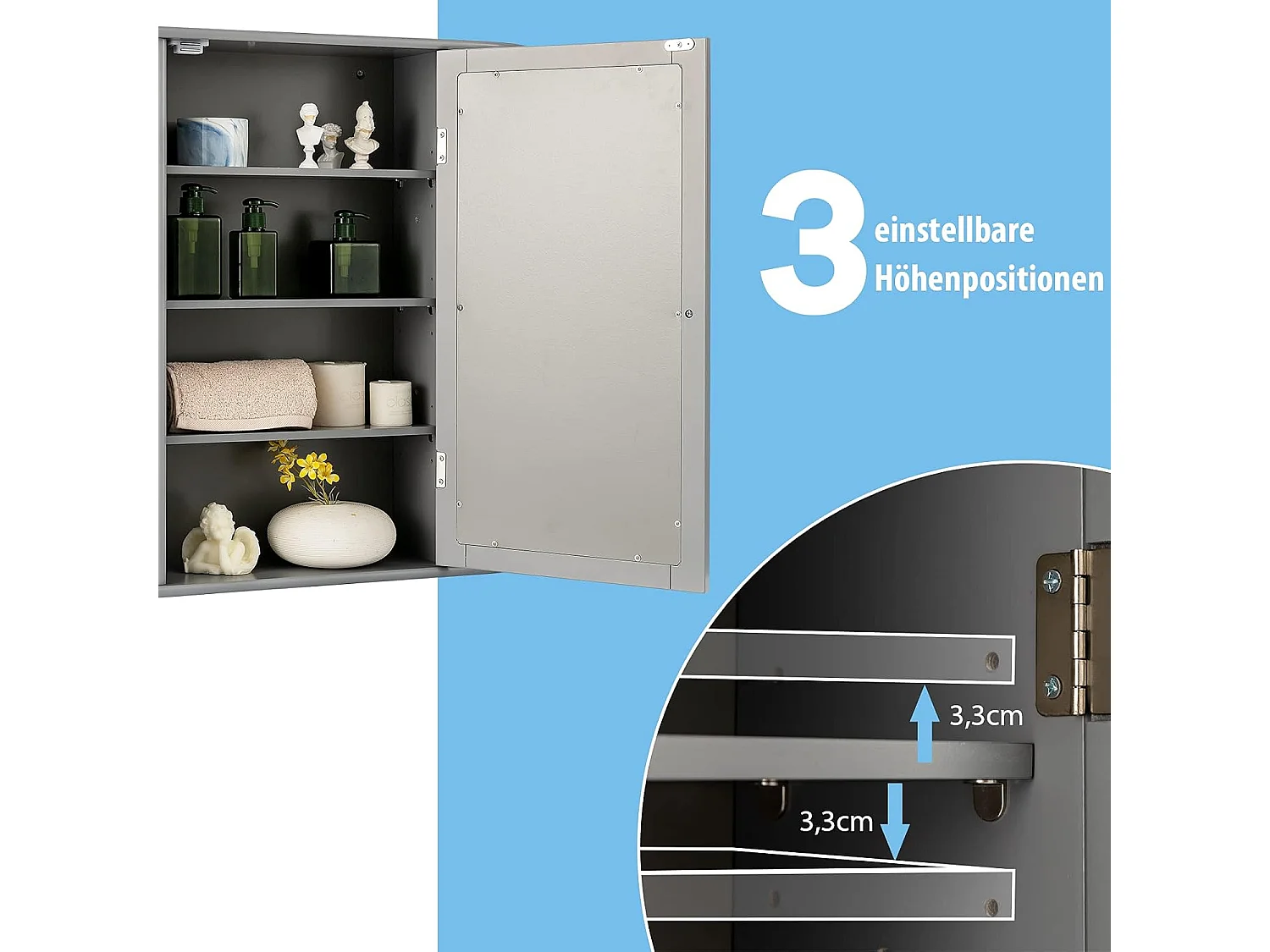 Spiegelkast voor badkamer, 4 vakken en 6 open planken, badkamerkast met spiegel, hangende badkamerkast, hout, 66 x 17 x 63 cm (grijs)VH32668