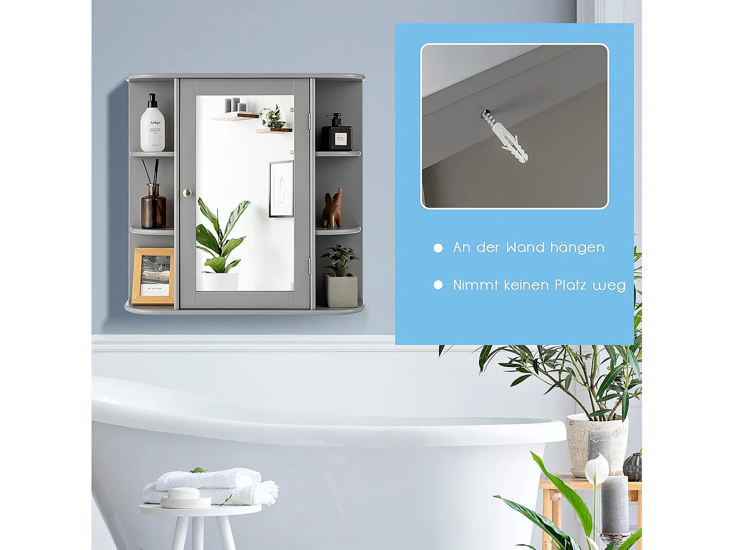 Spiegelkast voor badkamer, 4 vakken en 6 open planken, badkamerkast met spiegel, hangende badkamerkast, hout, 66 x 17 x 63 cm (grijs)VH32668
