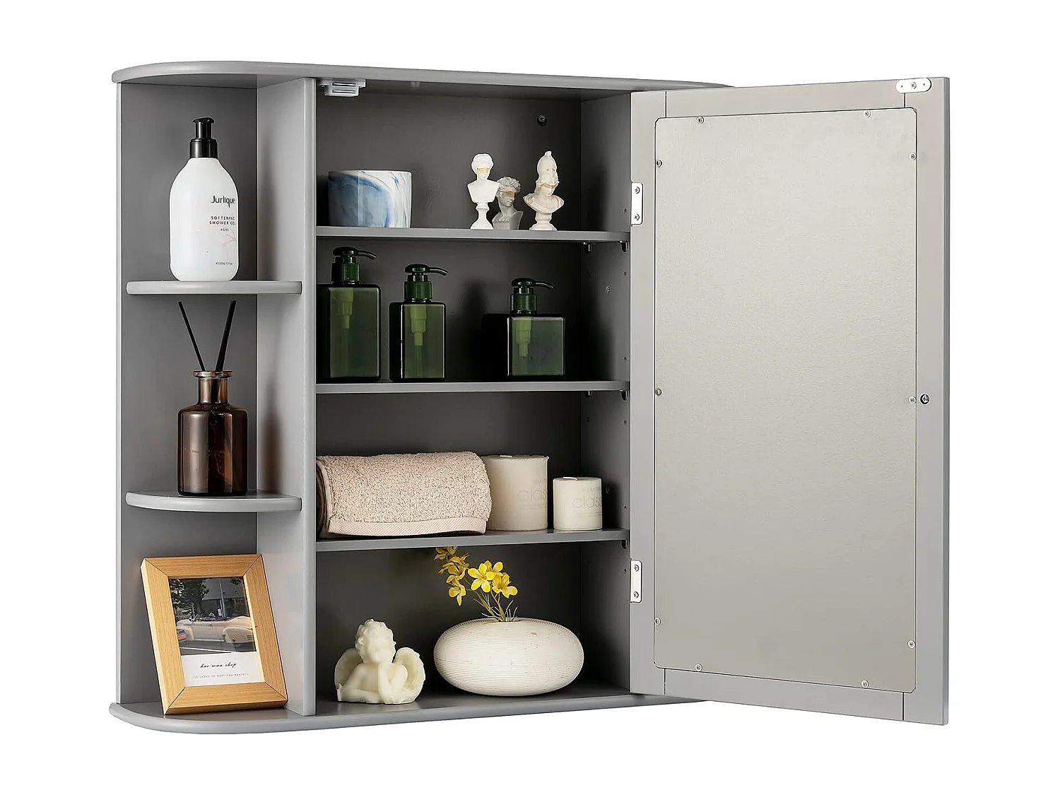 Spiegelkast voor badkamer, 4 vakken en 6 open planken, badkamerkast met spiegel, hangende badkamerkast, hout, 66 x 17 x 63 cm (grijs)VH32668