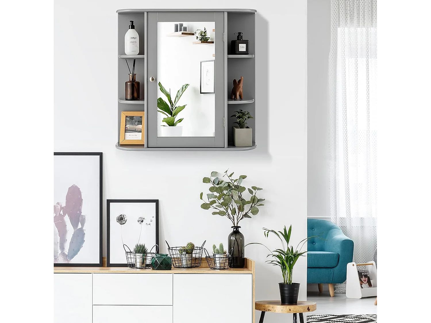 Spiegelkast voor badkamer, 4 vakken en 6 open planken, badkamerkast met spiegel, hangende badkamerkast, hout, 66 x 17 x 63 cm (grijs)VH32668