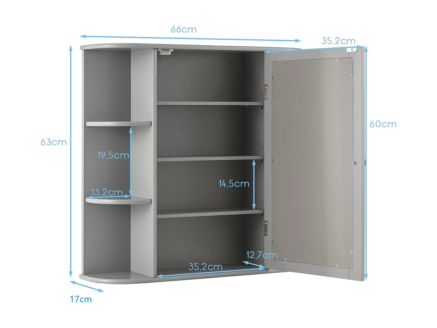 Spiegelkast voor badkamer, 4 vakken en 6 open planken, badkamerkast met spiegel, hangende badkamerkast, hout, 66 x 17 x 63 cm (grijs)VH32668