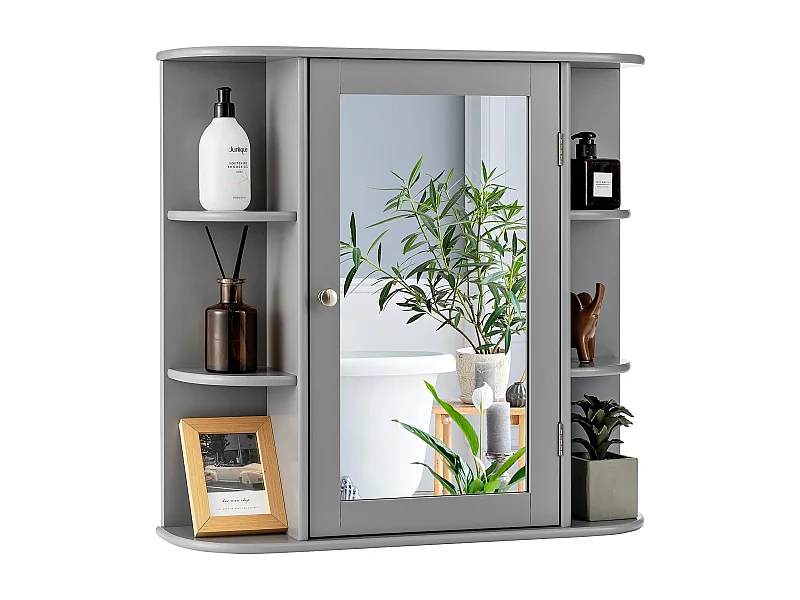 Spiegelkast voor badkamer, 4 vakken en 6 open planken, badkamerkast met spiegel, hangende badkamerkast, hout, 66 x 17 x 63 cm (grijs)VH32668