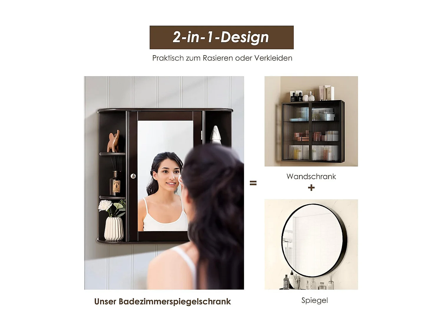 Badkamerspiegelkast, 4 vakken & 6 open vakken, badkamerkast met spiegel, hangend badkamerkastje, hout, 66 x 17 x 63 cm (Bruin)VH32668