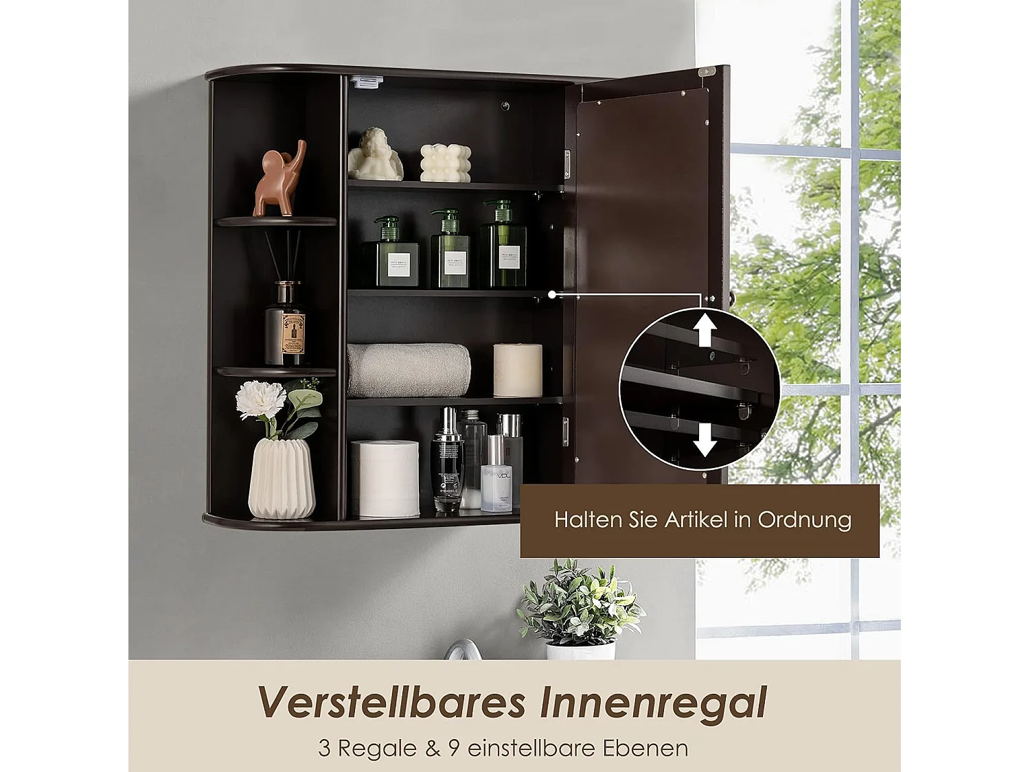 Badkamerspiegelkast, 4 vakken & 6 open vakken, badkamerkast met spiegel, hangend badkamerkastje, hout, 66 x 17 x 63 cm (Bruin)VH32668