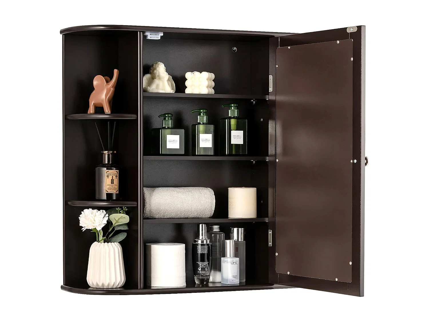 Badkamerspiegelkast, 4 vakken & 6 open vakken, badkamerkast met spiegel, hangend badkamerkastje, hout, 66 x 17 x 63 cm (Bruin)VH32668
